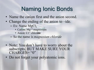 Naming Ionic Bonds
• Name the cation first and the anion second.
• Change the ending of the anion to –ide.
  – Ex: Name MgCl2
     • Cation: Mg+2 magnesium
     • Anion: Cl-1 chloride
  – So the name is magnesium chloride

• Note: You don’t have to worry about the
  subscripts. BUT MAKE SURE YOUR
  CHARGES= “0”
• Do not forget your polyatomic ions.
 