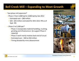 Bell Creek Mill – Expanding to Meet Growth 
 Two‐phase mill expansion*
  Phase 1 from 2,000 tpd to 3,000 tpd by late 2012 
   Estimated cost  $80 million 
   Estimated cost – $80 million
   $20 ‐ $25 million estimated for 2011 ($12.7M as of 
   Sept. 30)
  Phase 2 to 5,500 tpd
  Phase 2 to 5 500 tpd *
     Phase 1 incorporates material handling, crushing, 
     grinding and infrastructure  (to support Phase 2 
     capacity)
     Phase 2 work mainly involves back end of circuit 
     Estimated cost – $40 to $50 million
     Timing dictated by mine advancement




                                                          *Examples of Forward Looking Statements.
                                                                                                     16
 