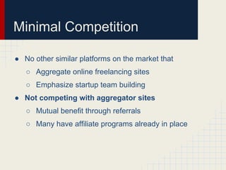 Minimal Competition

● No other similar platforms on the market that
   ○ Aggregate online freelancing sites
   ○ Emphasize startup team building
● Not competing with aggregator sites
   ○ Mutual benefit through referrals
   ○ Many have affiliate programs already in place
 