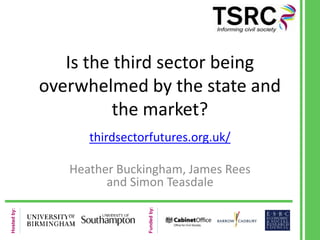 Hostedby:
Fundedby:
Is the third sector being
overwhelmed by the state and
the market?
thirdsectorfutures.org.uk/
Heather Buckingham, James Rees
and Simon Teasdale
 