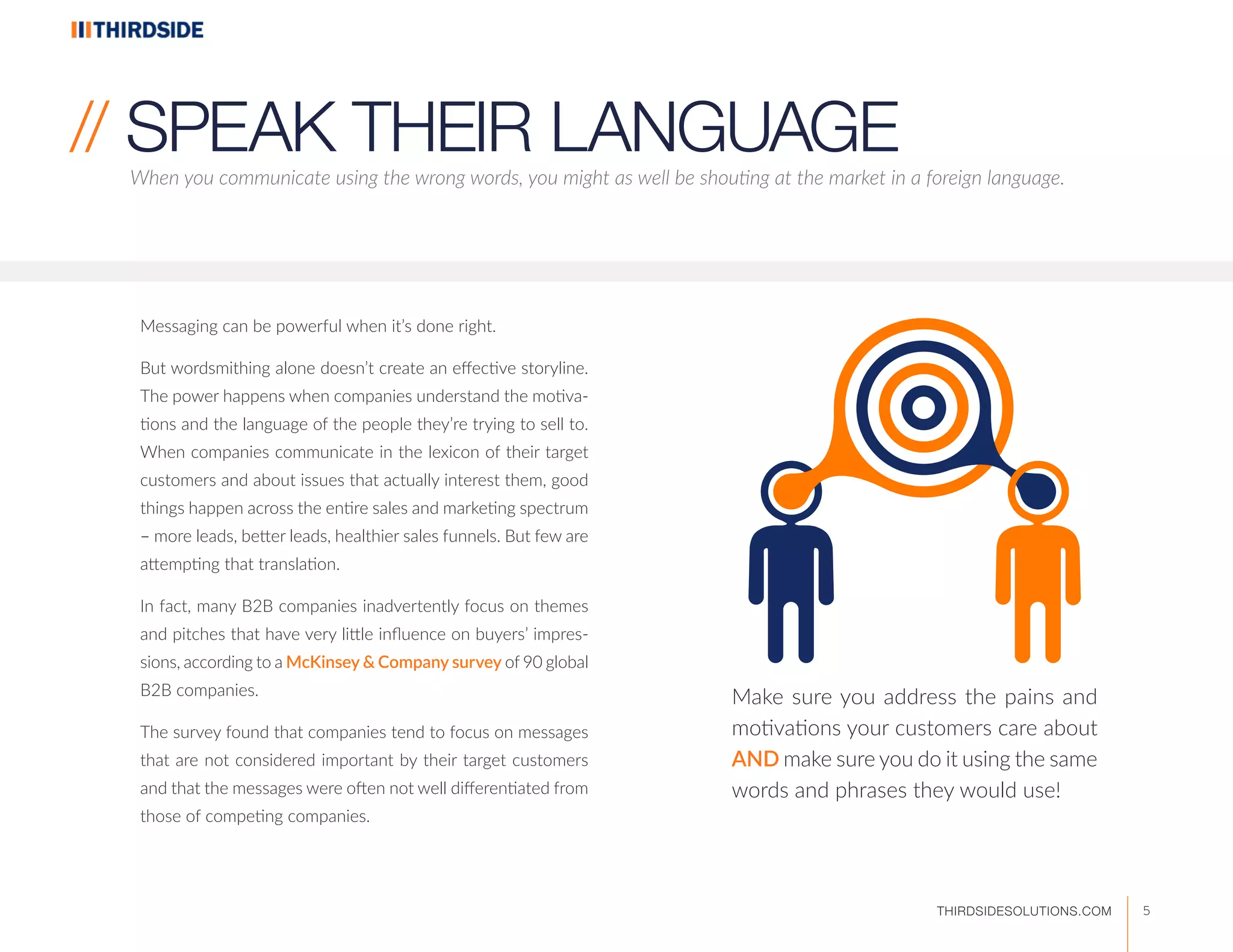 Messaging can be powerful when it’s done right.
But wordsmithing alone doesn’t create an effective storyline.
The power happens when companies understand the motiva-
tions and the language of the people they’re trying to sell to.
When companies communicate in the lexicon of their target
customers and about issues that actually interest them, good
things happen across the entire sales and marketing spectrum
– more leads, better leads, healthier sales funnels. But few are
attempting that translation.
In fact, many B2B companies inadvertently focus on themes
and pitches that have very little influence on buyers’ impres-
sions, according to a McKinsey & Company survey of 90 global
B2B companies.
The survey found that companies tend to focus on messages
that are not considered important by their target customers
and that the messages were often not well differentiated from
those of competing companies.
When you communicate using the wrong words, you might as well be shouting at the market in a foreign language.
// SPEAK THEIR LANGUAGE
Make sure you address the pains and
motivations your customers care about
AND make sure you do it using the same
words and phrases they would use!
5THIRDSIDESOLUTIONS.COM
 
