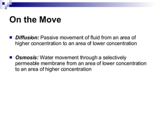 On the Move Diffusion:  Passive movement of fluid from an area of higher concentration to an area of lower concentration Osmosis:  Water movement through a selectively permeable membrane from an area of lower concentration to an area of higher concentration 