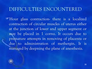 DIFFICULTIES ENCOUNTERED
Hour glass contraction- there is a localized
 contraction of circular muscles of uterus either
 at the junction of lower and upper segment or
 may be placed in 1 cornu. It occurs due to
 premature attempts in removing of placenta or
 due to administration of methergin. It is
 managed by deepning the plane of anesthesia.


                                               35
 