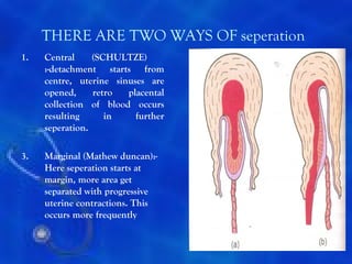 THERE ARE TWO WAYS OF seperation
1.   Central     (SCHULTZE)
     :-detachment starts from
     centre, uterine sinuses are
     opened,     retro  placental
     collection of blood occurs
     resulting      in    further
     seperation.

3.   Marginal (Mathew duncan):-
     Here seperation starts at
     margin, more area get
     separated with progressive
     uterine contractions. This
     occurs more frequently


                                        5
 
