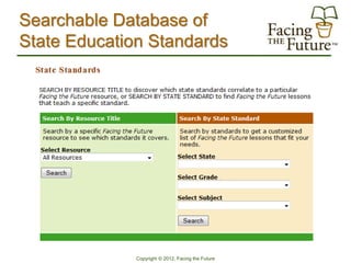 Searchable Database of
State Education Standards




              Copyright © 2012, Facing the Future
 