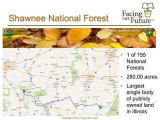 Shawnee National Forest


                                                  • 1 of 155
                                                    National
                                                    Forests
                                                  • 280,00 acres
                                                  • Largest
                                                    single body
                                                    of publicly
                                                    owned land
                                                    in Illinois
            Copyright © 2012, Facing the Future
 
