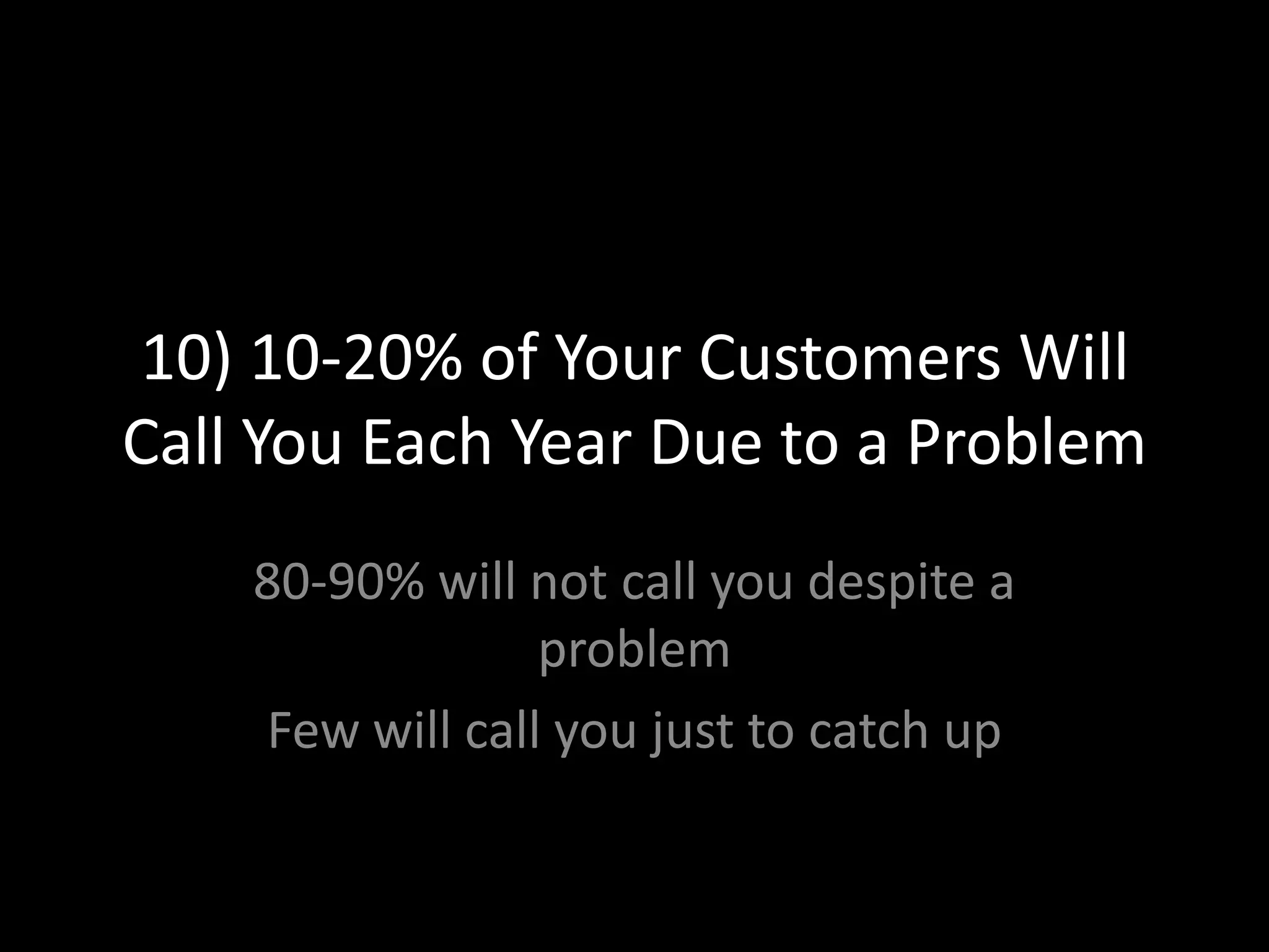 10) 10-20% of Your Customers Will Call You Each Year Due to a Problem80-90% will not call you despite a problemFew will call you just to catch up