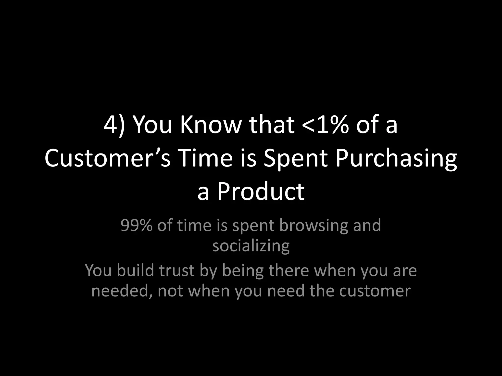 4) You Know that <1% of a Customer’s Time is Spent Purchasing a Product99% of time is spent browsing and socializingYou build trust by being there when you are needed, not when you need the customer
