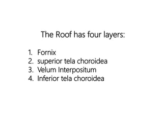 The Roof has four layers:
1. Fornix
2. superior tela choroidea
3. Velum Interpositum
4. Inferior tela choroidea
 