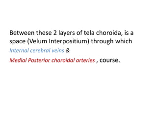 Between these 2 layers of tela choroida, is a
space (Velum Interpositium) through which
Internal cerebral veins &
Medial Posterior choroidal arteries , course.
 
