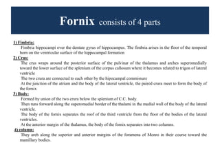 Fornix consists of 4 parts
1) Fimbria:
Fimbria hippocampi over the dentate gyrus of hippocampus. The fimbria arises in the floor of the temporal
horn on the ventricular surface of the hippocampal formation
2) Crus:
The crus wraps around the posterior surface of the pulvinar of the thalamus and arches superomedially
toward the lower surface of the splenium of the corpus callosum where it becomes related to trigon of lateral
ventricle
The two crura are connected to each other by the hipocampal commissure
At the junction of the atrium and the body of the lateral ventricle, the paired crura meet to form the body of
the fornix
3) Body:
Formed by union of the two crura below the splenium of C.C. body.
Then runs forward along the superomedial border of the thalami in the medial wall of the body of the lateral
ventricle.
The body of the fornix separates the roof of the third ventricle from the floor of the bodies of the lateral
ventricles.
At the anterior margin of the thalamus, the body of the fornix separates into two columns.
4) column:
They arch along the superior and anterior margins of the foramena of Monro in their course toward the
mamillary bodies.
 