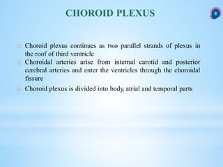  Choroid plexus continues as two parallel strands of plexus in
the roof of third ventricle
 Choroidal arteries arise from internal carotid and posterior
cerebral arteries and enter the ventricles through the choroidal
fissure
 Choroid plexus is divided into body, atrial and temporal parts
CHOROID PLEXUS
 