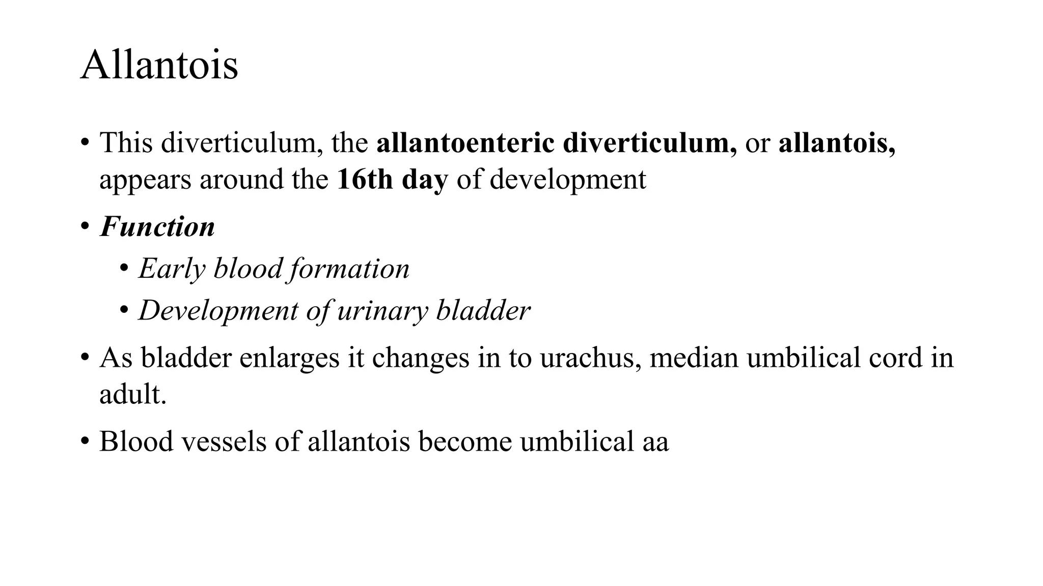 Allantois
• This diverticulum, the allantoenteric diverticulum, or allantois,
appears around the 16th day of development
• Function
• Early blood formation
• Development of urinary bladder
• As bladder enlarges it changes in to urachus, median umbilical cord in
adult.
• Blood vessels of allantois become umbilical aa
 