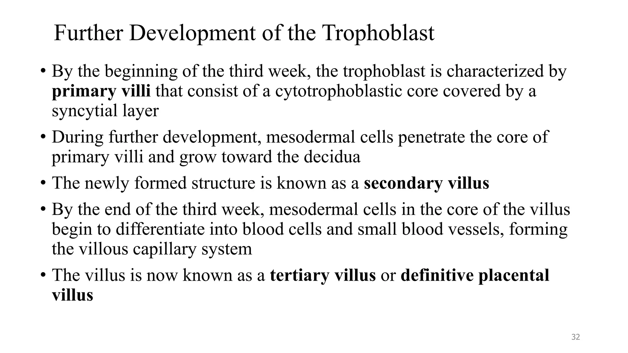 Further Development of the Trophoblast
• By the beginning of the third week, the trophoblast is characterized by
primary villi that consist of a cytotrophoblastic core covered by a
syncytial layer
• During further development, mesodermal cells penetrate the core of
primary villi and grow toward the decidua
• The newly formed structure is known as a secondary villus
• By the end of the third week, mesodermal cells in the core of the villus
begin to differentiate into blood cells and small blood vessels, forming
the villous capillary system
• The villus is now known as a tertiary villus or definitive placental
villus
32
 