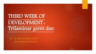 THIRD WEEK OF
DEVELOPMENT :
Trilaminar germ disc
BY :- DR. VIBHASH KUMAR VAIDYA
DEPARTMENT OF ANATOMY
 