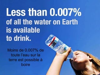 Moins de 0.007% de
 toute l’eau sur la
terre est possible à
       boire
 