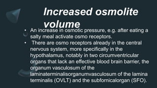 Increased osmolite
volume
• An increase in osmotic pressure, e.g. after eating a
salty meal activate osmo receptors.
• There are osmo receptors already in the central
nervous system, more specifically in the
hypothalamus, notably in two circumventricular
organs that lack an effective blood brain barrier, the
organum vasculosum of the
laminaterminalisorganumvasculosum of the lamina
terminalis (OVLT) and the subfornicalorgan (SFO).
 