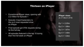 Thirteen on iPlayer
• Exceptional iPlayer views, opening with
2.2 million for Episode 1
• Episode 4 beat Eastenders to
the...