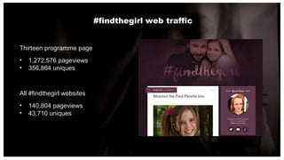 #findthegirl web traffic
• 1,272,576 pageviews
• 356,864 uniques
Thirteen programme page
• 140,804 pageviews
• 43,710 uniq...