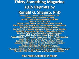 Thirty Something Magazine 2015 Reprints Of Articles By Ronald G Shapiro, Ph D