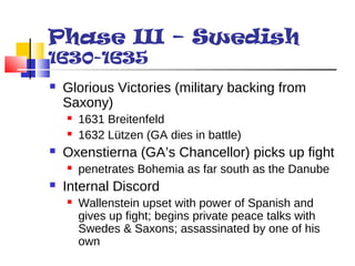 Phase III – Swedish 
1630-1635 
 Glorious Victories (military backing from 
Saxony) 
 1631 Breitenfeld 
 1632 Lützen (GA dies in battle) 
 Oxenstierna (GA’s Chancellor) picks up fight 
 penetrates Bohemia as far south as the Danube 
 Internal Discord 
 Wallenstein upset with power of Spanish and 
gives up fight; begins private peace talks with 
Swedes & Saxons; assassinated by one of his 
own 
 