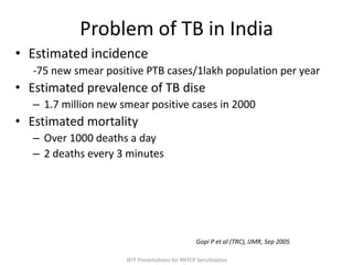  NTF Presentations for RNTCP Sensitization First edition 10th Nov 06Problem of TB in IndiaEstimated incidence-75 new smear positive PTB cases/1lakh population per year Estimated prevalence of TB dise1.7 million new smear positive cases in 2000Estimated mortalityOver 1000 deaths a day2 deaths every 3 minutesGopi P et al (TRC), IJMR, Sep 2005