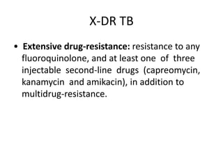 RNTCP Grouping  Drugs Group 1: First-line oral anti-TB agents  Isoniazid (H); Rifampicin (R); Ethambutol (E); Pyrazinamide (Z)Group 2: Injectable anti-TB agents  Streptomycin (S); Kanamycin (Km); Amikacin (Am); Capreomycin (Cm); Viomycin (Vm).   Group 3: Fluoroquinolones  Ciprofloxacin (Cfx); Ofloxacin (Ofx); Levofloxacin (Lvx); Moxifloxacin (Mfx); Gatifloxacin (Gfx) Group 4: Oral second-line anti-TB agents  Ethionamide (Eto); Prothionamide (Pto); Cycloserine (Cs);  Terizadone (Trd); paraaminosalycilic acid (PAS); Thiacetazone (T) 