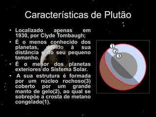 Características de Plutão
• Localizado     apenas    em
  1930, por Clyde Tombaugh;
• É o menos conhecido dos
  planetas, devi       à sua
  distância e do seu pequeno
  tamanho.               1
• É o menor dos planetas
  exteriores do Sistema Solar.
• A sua estrutura é formada
  por um núcleo rochoso(3)
  coberto por um grande
  manto de gelo(2), ao qual se
  sobrepõe a crosta de metano
  congelado(1).
 