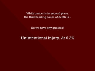 While cancer is in second place,
the third leading cause of death is...
Do we have any guesses?
Unintentional injury. At 6.2%
 