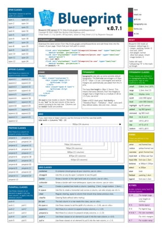 html
SPAN CLASSES
Use these classes to set the                                                                                                                             reset.css
width of a column
                                                                                                                                                         grid.css
span-1           span-13
span-2           span-14                                                                                                                                 typography.css

                                                                                                                         v.0.7.1
span-3           span-15
                                                                                                                                                         forms.css
                                   Blueprint CSS version 0.7.1 (http://code.google.com/p/blueprintcss/)
span-4           span-16
                                   Copyright © 2007-2008 Olav Bjorkoy (http://bjorkoy.com)
                                                                                                                                                         ie.css
                                   Cheat sheet v.1.1 by Gareth J M Saunders, based on Help Sheet v.0.3 by Alejandro Vasquez
span-5           span-17
span-6           span-18
                                   STYLESHEET LINK                                                                                              RESET
span-7           span-19
                                   Download the latest version from http://code.google.com/p/blueprintcss/ and add these lines into the         Blueprint CSS resets all
                                   <head> of your page. Check that your href path is correct.                                                   browsers’ default tags to :
span-8           span-20
                                                                                                                                                - margin, padding, border: 0
span-9           span-21                       <link rel=quot;stylesheetquot; href=quot;blueprint/screen.cssquot; type=quot;text/cssquot;                               - font-size: 100%
                                                  media=quot;screen, projectionquot;>                                                                   - font-weight: normal
span-10          span-22                       <link rel=quot;stylesheetquot; href=quot;blueprint/print.cssquot; type=quot;text/cssquot;                                - other font values: inherit
                                                  media=quot;printquot;>                                                                                - image borders: 0
span-11          span-23
                                               <!--[if IE]>
                                               <link rel=quot;stylesheetquot; href=quot;blueprint/ie.cssquot; type=quot;text/cssquot;
span-12          span-24                                                                                                                        Tables still need
                                                  media=quot;screen, projectionquot;>                                                                   “cellspacing=“0” in the mark-
                                               <![endif]-->                                                                                     up though.
APPEND CLASSES
                                   USAGE                                                  TYPOGRAPHY                                            TYPOGRAPHY CLASSES
Add these to a column to
append empty columns.              <body>                                                 typographic.css sets up some sensible default         These classes are defined in
                                      <div class=“container”>                             typography. The font-size percentage is of 16px       the typography.css file. Other
append-1         append-13
                                         <div class=“span-15”>                            (0.75 * 16px = 12 px). Line-heights and vertical      typographic tags as also
                                             <p>Column 1</p>                              margins are automatically calculated from this in     redefined in this file.
append-2         append-14
                                          </div>                                          ems.
                                                                                                                                                .small            0.8em; line 1.875
append-3         append-15               <div class=“span-6 last”>
                                             <p>Column 2</p>                              The base line-height is 18px (1.5ems). This           .large            1.2em; line 2.5
append-4         append-16                </div>                                          means that every element, from line-heights to
                                       </div>                                             images have a height that is a multiple of 18 (or     .hide             display: none
append-5         append-17
                                   </body>                                                1.5 if you use ems).
                                                                                                                                                .quiet            color 666 (grey)
append-6         append-18
                                   div.span-x now implies a column. Remember              Color is #222 (dark grey); font-family is
                                                                                                                                                .loud             color 000 (black)
append-7         append-19         to use “last” for the last column of the row to        “Helvetica Neue”, “Helvetica”, “Arial”, sans-serif;
                                   avoid it jumping to the next row. Columns can          Also defines tables, lists and misc. classes.         .highlight        bg ff0 (yellow)
append-8         append-20         be nested inside one another.
                                                                                                                                                .added            bg 060 (green)
append-9         append-21
                                                                                                                                                .removed          bg 900 (red)
append-10        append-22         GRID
                                                                                                                                                .first            mL 0; pL 0
append-11        append-23         If you need more or fewer columns use this formula to find the new total width:
                                   total width = (columns *40) - 10                                                                             .last             mR 0; pR 0
append-12
                                                                             950px (24 columns)                                                 .top              mT 0; pT 0
PREPEND CLASSES                                                                                                                                 .bottom           mB 0; pB 0
Add these to a column to
prepend empty columns.                                                                                                                          FORMS
prepend-1        prepend-13                                                                                                                     These are defined in the
                                                                                                                                                forms.css file.
prepend-2        prepend-14
                                                                   750px (19 columns)                                                           .error            red framed box
prepend-3        prepend-15
                                                                     790px (20 columns)                                                         .notice           yellow framed box
prepend-4        prepend-16
                                                                                                                                                .success          green framed box
                                                                       830px (21 columns)
prepend-5        prepend-17
                                                                         870px (22 columns)                                                     input.text        w 300px pad 5px
prepend-6        prepend-18
                                                                           910px (23 columns)                                                   input.title font-size 1.5em
prepend-7        prepend-19
                                                                                                                                                textarea          w 390px h 250px
prepend-8        prepend-20
                                   GRID CLASSES                                                                                                 select            w 200px
prepend-9        prepend-21
                                   .container           A container should group all your columns; use on <div>.                                label             bold
prepend-10       prepend-22
                                   .showgrid            Use this on any div.span / container to see the grid.                                   fieldset          padding 1.4em
prepend-11       prepend-23
                                   .border              Shows a border on the right hand side of a column; use on <div>.                        legend            font-size 1.2em
prepend-12
                                   .colborder           Shows a border with more whitespace, spans one column; use on <div>.
                                                                                                                                                IE FIXES
                                   .box                 Creates a padded box inside a column. (padding: 1.5em; margin-bottom: 1.5em;).
PUSH/PULL CLASSES
                                                                                                                                                ie.css contains every hack for
                                   hr.space             Use this to create a horizontal ruler across a column; can also simply use <hr />.
Use these classes on an                                                                                                                         Internet Explorer.
element to push it into the        .clear               Regular clearing, apply to column that should drop below previous ones.
                                                                                                                                                IE All            Fix margin bugs
next column, or pull it into the
previous column.                   .clearfix            Clearing floats without extra markup.
                                                                                                                                                                  Line height on
                                                                                                                                                                  sub/sup
push-0                             div.last             The last column in a row needs this class; use on <div>.
                                                                                                                                                IE 5              Centre layout
push-1           pull-1            div.span-x           Use these classes to set the width of a column; x = 1-24; use on <div>.
                                                                                                                                                IE 6              Fix legend bug
push-2           pull-2            .append-x            Add these to a column to append empty columns; x = 1-23.
                                                                                                                                                IE 6 & 7          Fix <ol> numbers
push-3           pull-3            .prepend-x           Add these to a column to prepend empty columns; x = 1-23.
                                                                                                                                                                  Fix <hr/> margins
push-4           pull-4            .push-x              Use these classes on an element to push it into the next column; x = 0-5.
push-5           pull-5            .pull-x              Use these classes on an element to pull it into the next column; x = 1-5.               IE 7              Fix <code> wrap
 