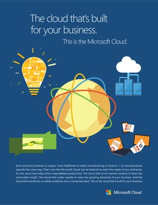 The cloud that’s built
for your business.

This is the Microsoft Cloud.

Each and every business is unique. From healthcare to retail, manufacturing or finance — no two businesses
operate the same way. That’s why the Microsoft Cloud can be tailored to meet the needs of any enterprise.
It’s the cloud that helps drive unparalleled productivity. The cloud that turns massive streams of data into
actionable insight. The cloud that scales rapidly to meet the growing demands of your business. And the
cloud that transforms a mobile workforce into a connected team. This is the cloud that’s built for your business.

 