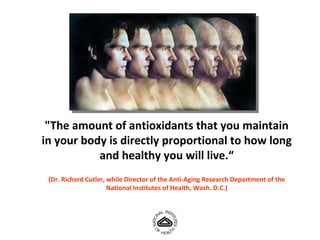 "The amount of antioxidants that you maintain in your body is directly proportional to how long and healthy you will live.“ (Dr. Richard Cutler, while Director of the Anti-Aging Research Department of the National Institutes of Health, Wash. D.C.) 