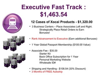 Executive Fast Track : $1,463.54 12 Cases of Xocai Products - $1,320.00 3 Business Centers – Place Associates Left and Right. Strategically Place Retail Orders to Earn Bonuses! Rank Advancement to Executive  (Earn additional Bonuses) 1 Year Global Passport Membership ($100.00 Value)  Associate Fee - $35.00 Starter Kit Back Office Subscription for 1 Year Personal Marketing Website Wholesale ID# Shipping and Handling - $108.54 (33% Discount) 3 Months of FREE Autoship 