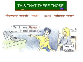 THIS THAT THESE THOSE
flowers clock

man

those

cake

shoes

car

 