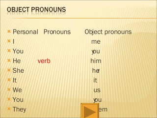 Personal  Pronouns  Object pronouns I  me You  you He  verb   him  She  her It  it We  us You  you They  them 