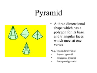 Pyramid A three-dimensional shape which has a polygon for its base and triangular faces which meet at one vertex. E.g. Triangular pyramid Square  pyramid Hexagonal pyramid Pentagonal pyramid 