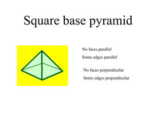 Square base pyramid No faces perpendicular Some edges perpendicular No faces parallel Some edges parallel 