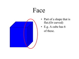 Face   Part of a shape that is flat.(Or curved) E.g. A cube has 6  of these. 