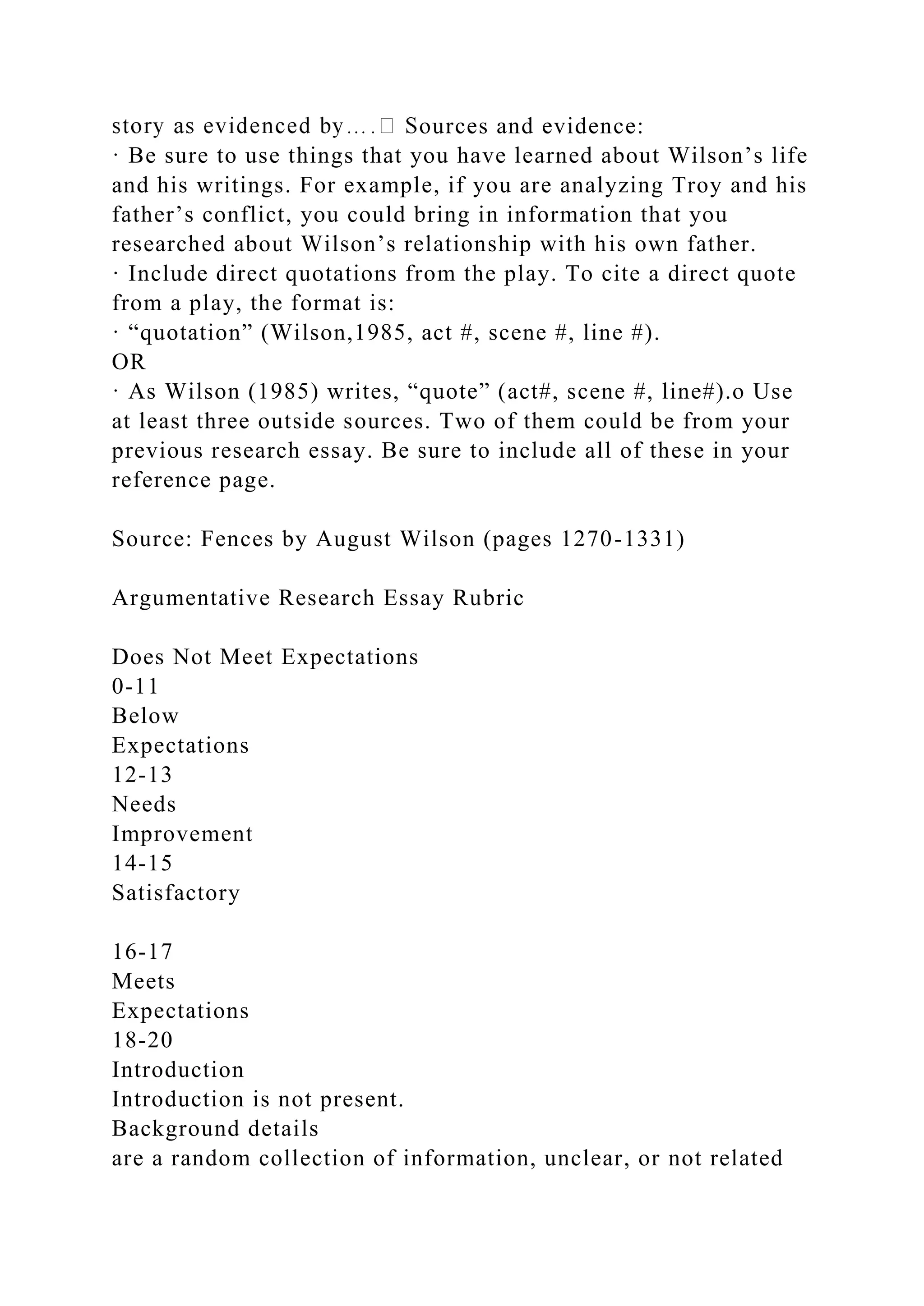 ources and evidence:
· Be sure to use things that you have learned about Wilson’s life
and his writings. For example, if you are analyzing Troy and his
father’s conflict, you could bring in information that you
researched about Wilson’s relationship with his own father.
· Include direct quotations from the play. To cite a direct quote
from a play, the format is:
· “quotation” (Wilson,1985, act #, scene #, line #).
OR
· As Wilson (1985) writes, “quote” (act#, scene #, line#).o Use
at least three outside sources. Two of them could be from your
previous research essay. Be sure to include all of these in your
reference page.
Source: Fences by August Wilson (pages 1270-1331)
Argumentative Research Essay Rubric
Does Not Meet Expectations
0-11
Below
Expectations
12-13
Needs
Improvement
14-15
Satisfactory
16-17
Meets
Expectations
18-20
Introduction
Introduction is not present.
Background details
are a random collection of information, unclear, or not related
 
