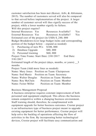 customer satisfaction has been met (Kaiser, Arbi, & Ahlemann,
2015). The number of customers served will also be compared
to that served before implementation of the project. A larger
number of customer served will thus signify success of the
project, while a lower number signify its failure.
Will this project require?
Internal Resources Yes Resources Available? Yes
External Resources Yes Resources Available? Yes
Estimated cost of the project (in USD) $_240, 000
Budget Breakdown (List large budget items and corresponding
portion of the budget below – expand as needed):
1) Purchasing of new PCs $100, 000
2) Database Upgrade $80, 000
3) Personnel training $60, 000
Project Time Frame: Start Date: 2/01/2017 End Date:
5/01/2017
Estimated length of the project (days, months, or years) __3
months
Project Team (Add more lines as needed):
Name: Mary Jones Position on Team: Chairperson
Name: Sod Muniz Position on Team: Secretary
Name: Walter Douglas Position on Team: Member
Name: Roy McClain Position on Team: Member
Name: Fester Miller Position on Team: Member
Business Management Proposal
A business enterprise requires constant improvement of both
personnel and equipment employed. This allows the business
remain competitive within a changing business environment.
Staff training should, therefore, be complimented with
equipment upgrade for better business outcomes. Crestar project
is an infrastructure type of business project meant to upgrade
existing equipment for better performance. Crestar project will
help solve the backlog of operations affecting the flow of
activities in the firm. By incorporating better technological
devices, Crestar project will facilitate easy communication and
 