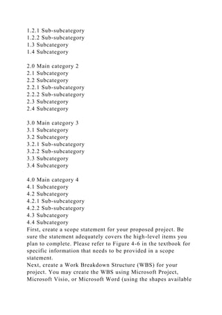 1.2.1 Sub-subcategory
1.2.2 Sub-subcategory
1.3 Subcategory
1.4 Subcategory
2.0 Main category 2
2.1 Subcategory
2.2 Subcategory
2.2.1 Sub-subcategory
2.2.2 Sub-subcategory
2.3 Subcategory
2.4 Subcategory
3.0 Main category 3
3.1 Subcategory
3.2 Subcategory
3.2.1 Sub-subcategory
3.2.2 Sub-subcategory
3.3 Subcategory
3.4 Subcategory
4.0 Main category 4
4.1 Subcategory
4.2 Subcategory
4.2.1 Sub-subcategory
4.2.2 Sub-subcategory
4.3 Subcategory
4.4 Subcategory
First, create a scope statement for your proposed project. Be
sure the statement adequately covers the high-level items you
plan to complete. Please refer to Figure 4-6 in the textbook for
specific information that needs to be provided in a scope
statement.
Next, create a Work Breakdown Structure (WBS) for your
project. You may create the WBS using Microsoft Project,
Microsoft Visio, or Microsoft Word (using the shapes available
 