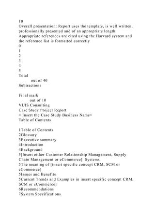 10
Overall presentation: Report uses the template, is well written,
professionally presented and of an appropriate length.
Appropriate references are cited using the Harvard system and
the reference list is formatted correctly
0
1
2
3
4
5
Total
out of 40
Subtractions
Final mark
out of 10
VUIS Consulting
Case Study Project Report
< Insert the Case Study Business Name>
Table of Contents
1Table of Contents
2Glossary
3Executive summary
4Introduction
4Background
5[Insert either Customer Relationship Management, Supply
Chain Management or eCommerce] Systems
5The meaning of [insert specific concept CRM, SCM or
eCommerce]
5Issues and Benefits
5Current Trends and Examples in insert specific concept CRM,
SCM or eCommerce]
6Recommendations
7System Specifications
 