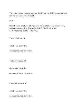This assignment has two parts. Both parts will be compiled and
submitted in one document.
Part I:
Based on an analysis of students with emotional, behavioral,
and communication disorders, briefly indicate your
understanding of the following:
The definition of:
emotional disorders
communication disorders
The prevalence of:
emotional disorders
communication disorders
Potential causes of:
emotional disorders
communication disorders
 