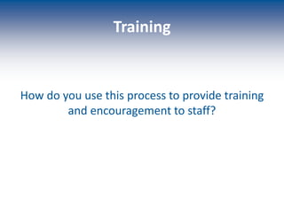 Training
How do you use this process to provide training
and encouragement to staff?
 