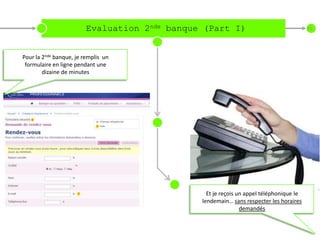 Evaluation 2nde banque (Part I)                                 15




Pour la 2nde banque, je remplis un
 formulaire en ligne pendant une
        dizaine de minutes




                                                 Et je reçois un appel téléphonique le
                                               lendemain… sans respecter les horaires
                                                               demandés
 
