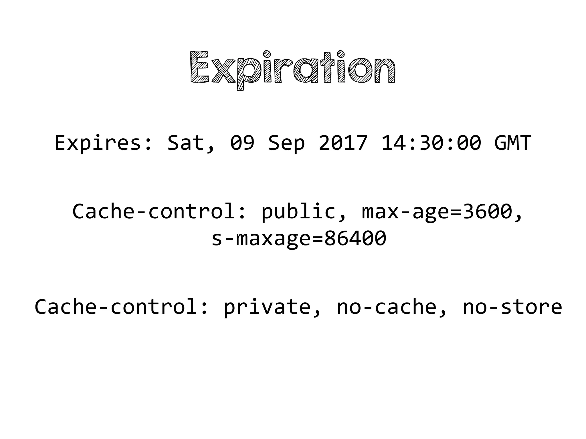 Expiration
Expires: Sat, 09 Sep 2017 14:30:00 GMT
Cache-control: public, max-age=3600,
s-maxage=86400
Cache-control: private, no-cache, no-store
 