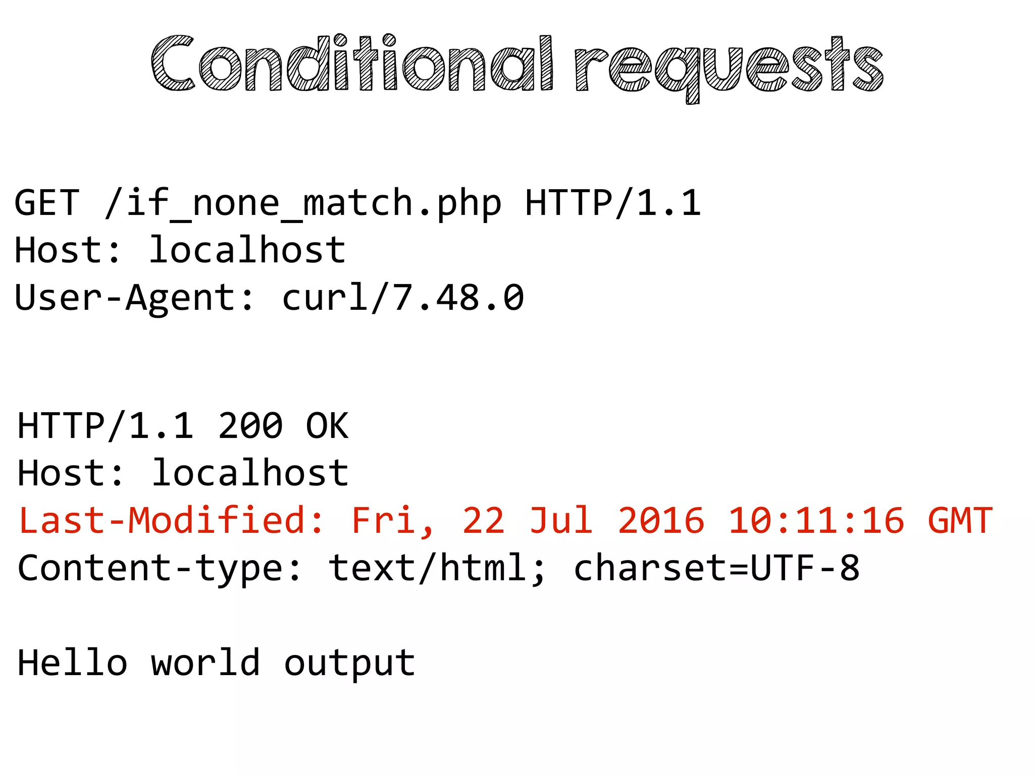 Conditional requests
HTTP/1.1 200 OK
Host: localhost
Last-Modified: Fri, 22 Jul 2016 10:11:16 GMT
Content-type: text/html; charset=UTF-8
Hello world output
GET /if_none_match.php HTTP/1.1
Host: localhost
User-Agent: curl/7.48.0
 