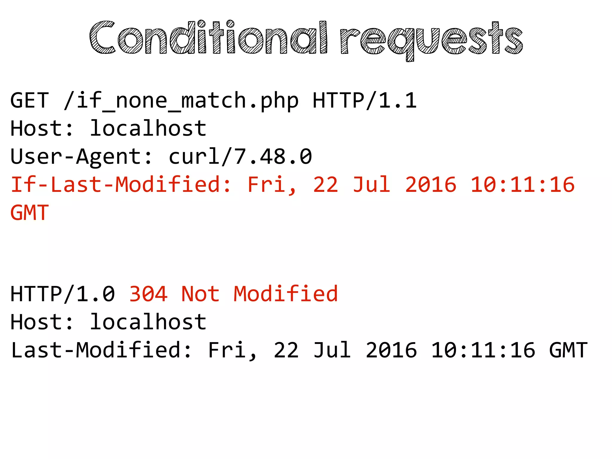 Conditional requests
HTTP/1.0 304 Not Modified
Host: localhost
Last-Modified: Fri, 22 Jul 2016 10:11:16 GMT
GET /if_none_match.php HTTP/1.1
Host: localhost
User-Agent: curl/7.48.0
If-Last-Modified: Fri, 22 Jul 2016 10:11:16
GMT
 
