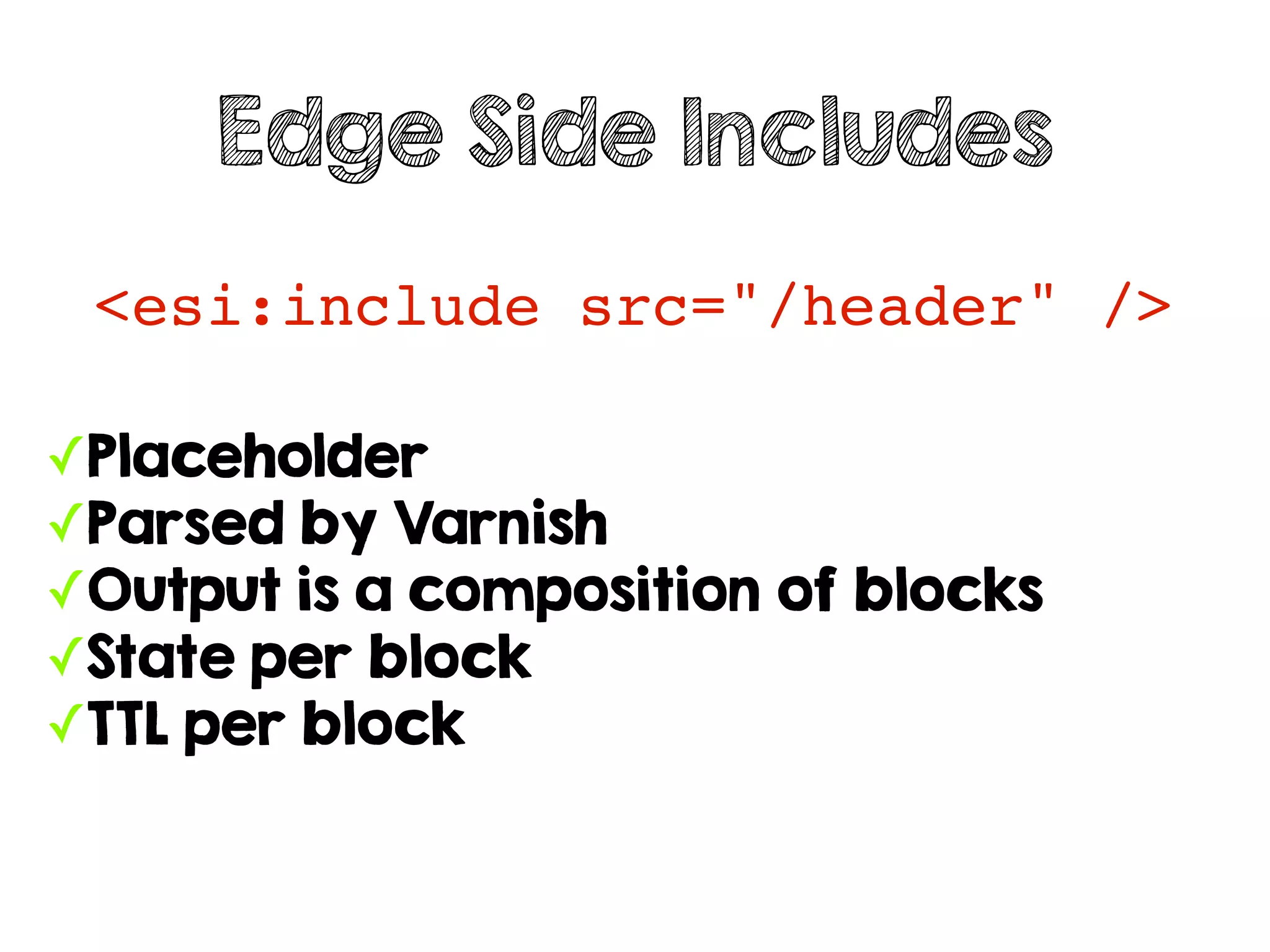 <esi:include src="/header" />
Edge Side Includes
✓Placeholder
✓Parsed by Varnish
✓Output is a composition of blocks
✓State per block
✓TTL per block
 