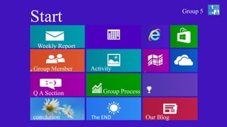 Start
Group 5
Weekly Report
Group Member
conclution The END
Group Process
Activity
Our Blog
Q A Section
 